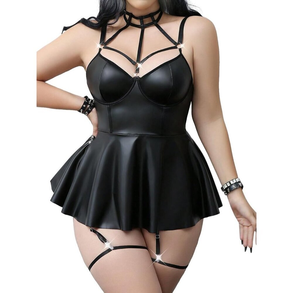 Women Plus Black Strappy Leather Underwire Choker Garter Belt Lingerie Set Dress
